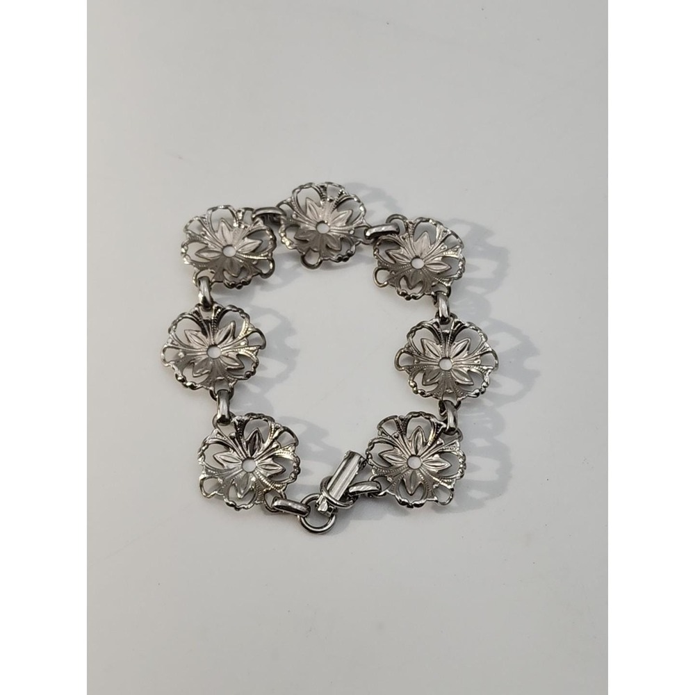 Vintage‎ Silver Tone Round Flowers Link 7" Bracelet - Picture 4 of 7